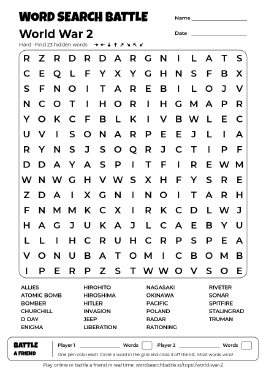 Printable Hard World War 2 Word Search
