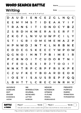 Printable Hard Writing Word Search