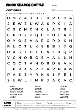 Printable Medium Zombies Word Search