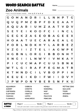 Printable Zoo Animals Word Search