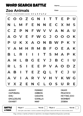 Printable Zoo Animals Word Search
