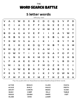 Printable Hard 5 letter words Word Search