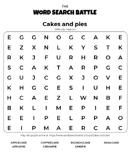 Printable Cakes and Pies Word Search Printable Cakes and Pies Word Search