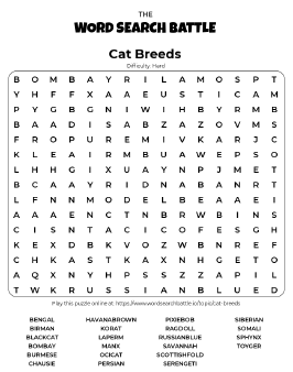 Printable Hard Cat Breeds Word Search