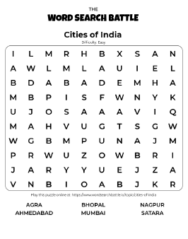 Printable Easy Cities of India Word Search