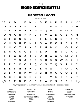 Printable Hard Diabetes Foods Word Search
