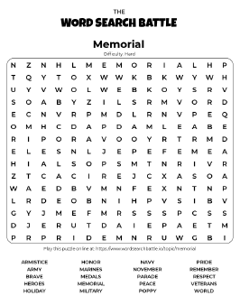 Printable Hard Memorial Word Search