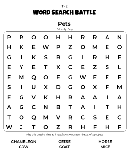 Printable Easy Pets Word Search