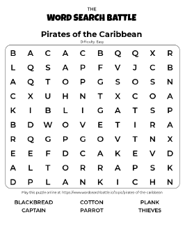 Printable Easy Pirates of the Caribbean Word Search