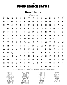 Printable Hard Presidents Word Search