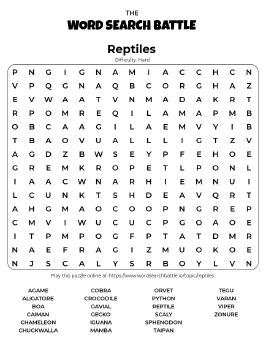 Printable Hard Reptiles Word Search