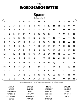 Printable Hard Space Word Search